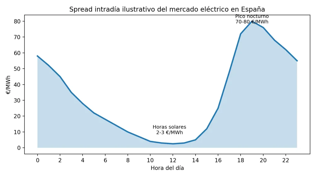 spread intradía ilustrativo del mercado eléctrico español 2026